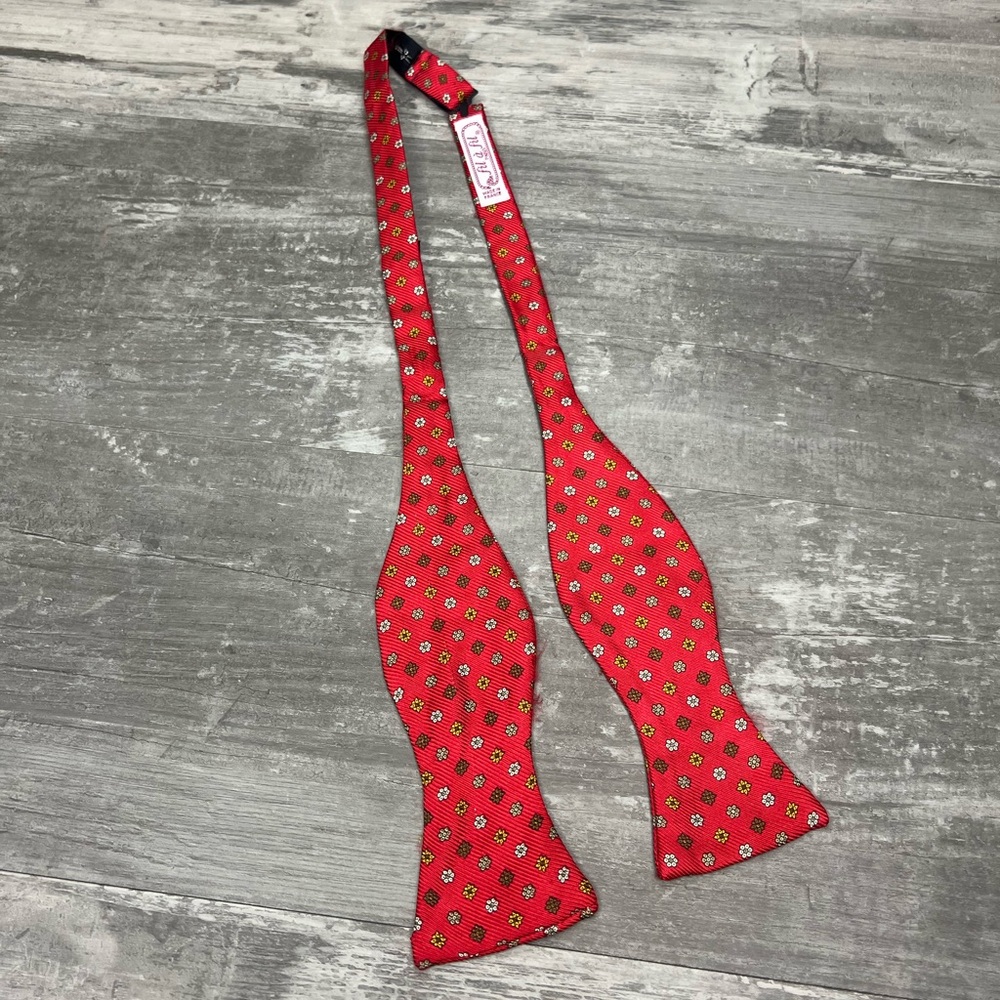 Fil a Fil Red w/ Gold, White & Copper Check Silk Bowtie Bow Tie